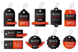 Black Friday price tags mega set in flat cartoon design. Bundle elements of badges with discounts for seasonal shopping clearance and promotion offers. Vector illustration isolated graphic objects