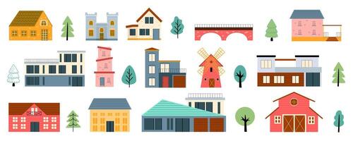 Village buildings mega set in cartoon graphic design. Bundle elements of cute suburban houses, barn, mill, bridge, trees and other architecture constructions. Vector illustration isolated objects