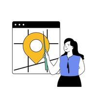 Social network concept with cartoon people in flat design for web. Woman pointing to location pin on map, posting with tracking mark. Vector illustration for social media banner, marketing material.