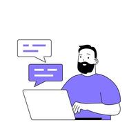 Teamwork concept with cartoon people in flat design for web. Man chatting with colleagues at laptop messenger and discussing tasks. Vector illustration for social media banner, marketing material.