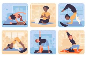 Yoga training concept with people situation set in flat web design. Bundle scenes with multiethnic diverse characters doing asanas or stretch exersices, sit in meditation pose. Vector illustrations.