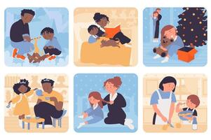 Family activity concept with people situation set in flat web design. Bundle scenes with multiethnic diverse characters of play teatime, read boo, cooking, rest on picnic, other. Vector illustrations.