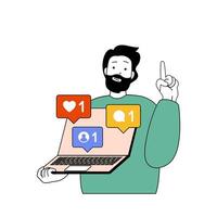 Social network concept with cartoon people in flat design for web. Man connecting online with followers and answering comments. Vector illustration for social media banner, marketing material.