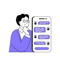 Teamwork concept with cartoon people in flat design for web. Man chatting with colleagues in mobile app, discussing work strategy. Vector illustration for social media banner, marketing material.