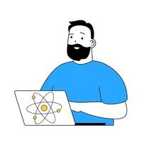 Science laboratory concept with cartoon people in flat design for web. Scientist making data analysis of atom structure using laptop. Vector illustration for social media banner, marketing material.