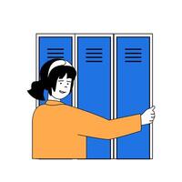 School learning concept with cartoon people in flat design for web. Student using locker for textbook storage, goes to lesson at class. Vector illustration for social media banner, marketing material.