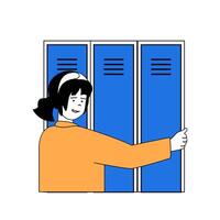 School learning concept with cartoon people in flat design for web. Student using locker for textbook storage, goes to lesson at class. Vector illustration for social media banner, marketing material.