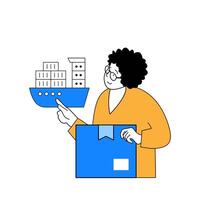 Delivery concept with cartoon people in flat design for web. Woman packaging new parcel and sending box with global sea shipping. Vector illustration for social media banner, marketing material.