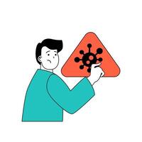 Coronavirus concept with cartoon people in flat design for web. Man seeing warning sign with spread of danger virus infection disease. Vector illustration for social media banner, marketing material.