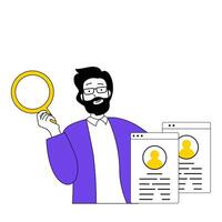 Recruitment concept with cartoon people in flat design for web. Man with magnifier searching employees at open vacancies at company. Vector illustration for social media banner, marketing material.