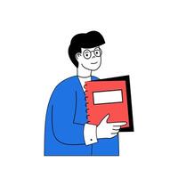 School learning concept with cartoon people in flat design for web. Student holding his notebook and preparing homework to lessons. Vector illustration for social media banner, marketing material.