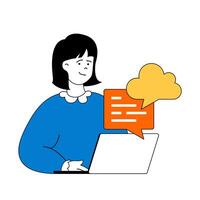 Cloud computing concept with cartoon people in flat design for web. Woman using cloud storage and chatting with client support online. Vector illustration for social media banner, marketing material.