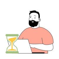 Time management concept with cartoon people in flat design for web. Man working at laptop and controlling workflow with hourglass. Vector illustration for social media banner, marketing material.