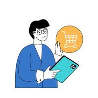 Social media concept with cartoon people in flat design for web. Man following online store blog and ordering goods and shopping. Vector illustration for social media banner, marketing material.