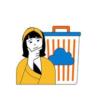 Cloud computing concept with cartoon people in flat design for web. Woman using cloud storage, managing files in virtual trash bin. Vector illustration for social media banner, marketing material.