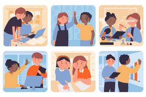 Teamwork concept with people situation set in flat web design. Bundle scenes with multiethnic diverse characters work together, students learning, classmates doing homework. Vector illustrations.