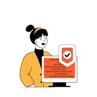 ciber seguridad concepto con dibujos animados personas en plano diseño para web. mujer utilizando seguridad sistema y blindaje pantalla con binario código. vector ilustración para social medios de comunicación bandera, márketing material.