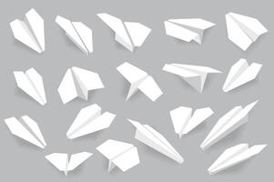 realista papel aviones mega conjunto en plano diseño. haz elementos de diferente puntos de vista de blanco hecho a mano origami aviones para negocio idea o mensaje canta vector ilustración aislado gráfico objetos