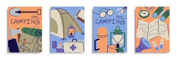 Camping time cover brochure set in flat design. Poster templates with touristic symbols, hiking route map, backpacks, campsite tent, flashlight, lantern, axe and other equipment. Vector illustration.