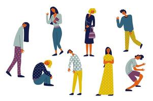 Unhappy people set in flat character design for web. Bundle persons of different women and men with depressed expression, crying, frustrated feelings, confused reaction and upset. Vector illustration.