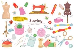 Sewing mega set in flat design. Bundle elements of mannequin, thread spools, sew machine, fastener, measuring tape, pins, scissors, buttons and other. Vector illustration isolated graphic objects