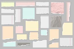 Ripped papers mega set in flat design. Bundle elements of colorful torn paper sheets, sticky notes shreds, notebook edges, empty and lined stripes. Vector illustration isolated graphic objects