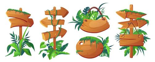 Jungle signboards mega set in cartoon graphic design. Bundle elements of different shapes of empty wooden direction pointers and guidepost with rainforest leaves. Vector illustration isolated objects
