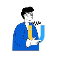 Science laboratory concept with cartoon people in flat design for web. Scientist making physics experiment with electromagnetic magnet. Vector illustration for social media banner, marketing material.