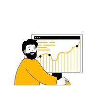 Digital business concept with cartoon people in flat design for web. Man making financial analysis and working with chart at computer. Vector illustration for social media banner, marketing material.