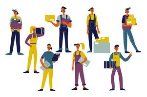 Delivery people set in flat character design for web. Bundle persons of different women and men work in logistic company. Couriers and delivers hold parcel, workers load boxes. Vector illustration.