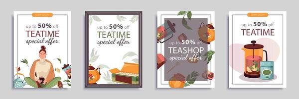 Tea shop sales cover brochure set in flat design. Poster templates with shopping discount offer cards with cozy woman drinks herbal beverage, teapots and mugs, teatime items. Vector illustration