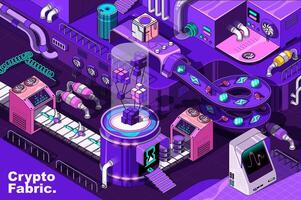 Crypto mining web concept in 3d isometric design. Cryptocurrency virtual farming, online trading coins. Abstract fabric production line in isometry graphic for corporate poster. Vector illustration.