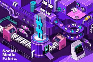 Social media web concept in 3d isometric design. Online communication, emoticon, influence and follow. Abstract fabric production line in isometry graphic for corporate poster. Vector illustration.