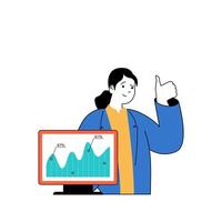 Programming concept with cartoon people in flat design for web. Woman analyzing data of user experience with new programs and apps. Vector illustration for social media banner, marketing material.