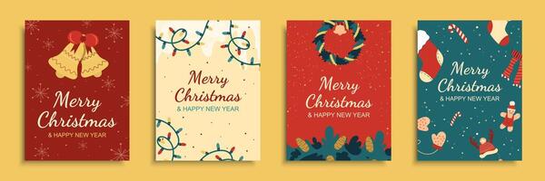 Merry Christmas 2024 cover brochure set in flat design. Poster templates with bells with bow, garland lights, wreath with pine cones and xmas decor, festive, socks and candies. Vector illustration.