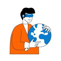 Virtual reality concept with cartoon people in flat design for web. Man in VR headset connecting with globe network and metaverse. Vector illustration for social media banner, marketing material.