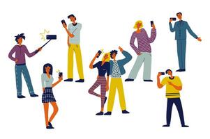 People with mobile phones set in flat character design for web. Bundle persons of different women and men work using smartphones, doing selfies, shooting photos, chatting online. Vector illustration.