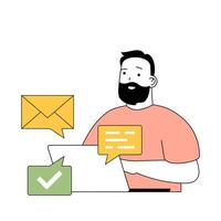 Time management concept with cartoon people in flat design for web. Man works at project tasks on laptop, chatting and sends emails. Vector illustration for social media banner, marketing material.