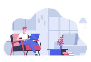 Freelancer at home concept with cartoon people in flat design for web. Remote worker doing tasks at laptop from comfy condition office. Vector illustration for social media banner, marketing material.