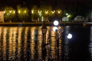 the reflection of lights in the night on the river photo