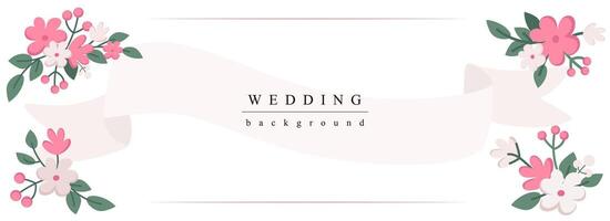 Wedding horizontal web banner. Abstract pink flowers and bouquets with decoration ribbon. Pastel elegant marriage invitation. Vector illustration for header website, cover templates in modern design