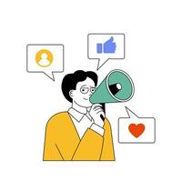 Social network concept with cartoon people in flat design for web. Man with megaphone promoting blog, attracting followers and likes. Vector illustration for social media banner, marketing material.