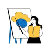 Cloud computing concept with cartoon people in flat design for web. Woman using online storage and cloud processing technology at work. Vector illustration for social media banner, marketing material.