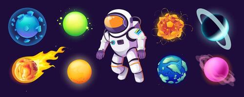 Astronaut and planets mega set in cartoon graphic design. Bundle elements of fantasy alien planets, comets, asteroids, meteorites and flying explorer spaceman. Vector illustration isolated objects