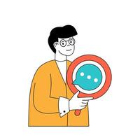 Social media concept with cartoon people in flat design for web. Man with magnifier searching information online, networking, chatting. Vector illustration for social media banner, marketing material.