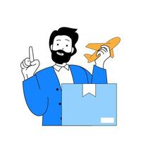 Delivery concept with cartoon people in flat design for web. Man packaging new parcel and sending box with global airmail service. Vector illustration for social media banner, marketing material.