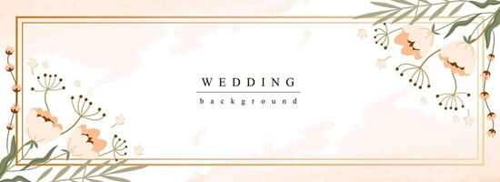 Wedding horizontal web banner. Pastel marriage invitation with abstract blooming flowers and wildflowers in golden border. Vector illustration for header website, cover templates in modern design