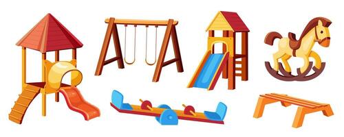 Child playground mega set in cartoon graphic design. Bundle elements of outdoor wooden swings, houses with ladders and slides, wood horse, bench, balance carousel. Vector illustration isolated objects