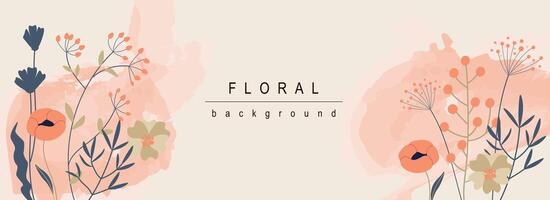 Floral horizontal web banner. Red poppy and wildflowers bouquets with leaves on abstract background. Summer flowers backdrop. Vector illustration for header website, cover templates in modern design