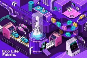 Eco life web concept in 3d isometric design. Green electricity and cars, sorting and recycling trash. Abstract fabric production line in isometry graphic for corporate poster. Vector illustration.